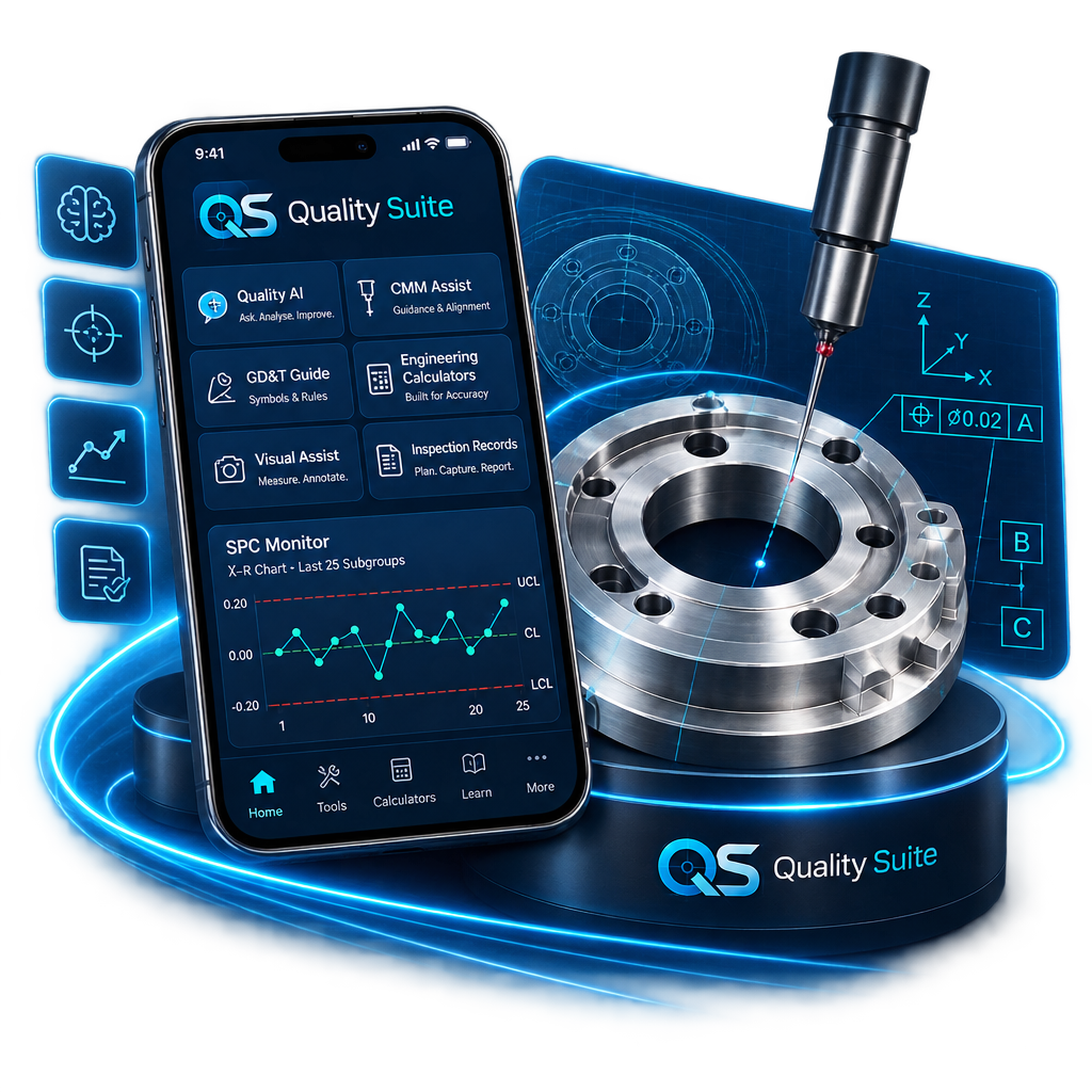 Quality Suite mobile app with machined component, CMM probe and technical measurement annotations